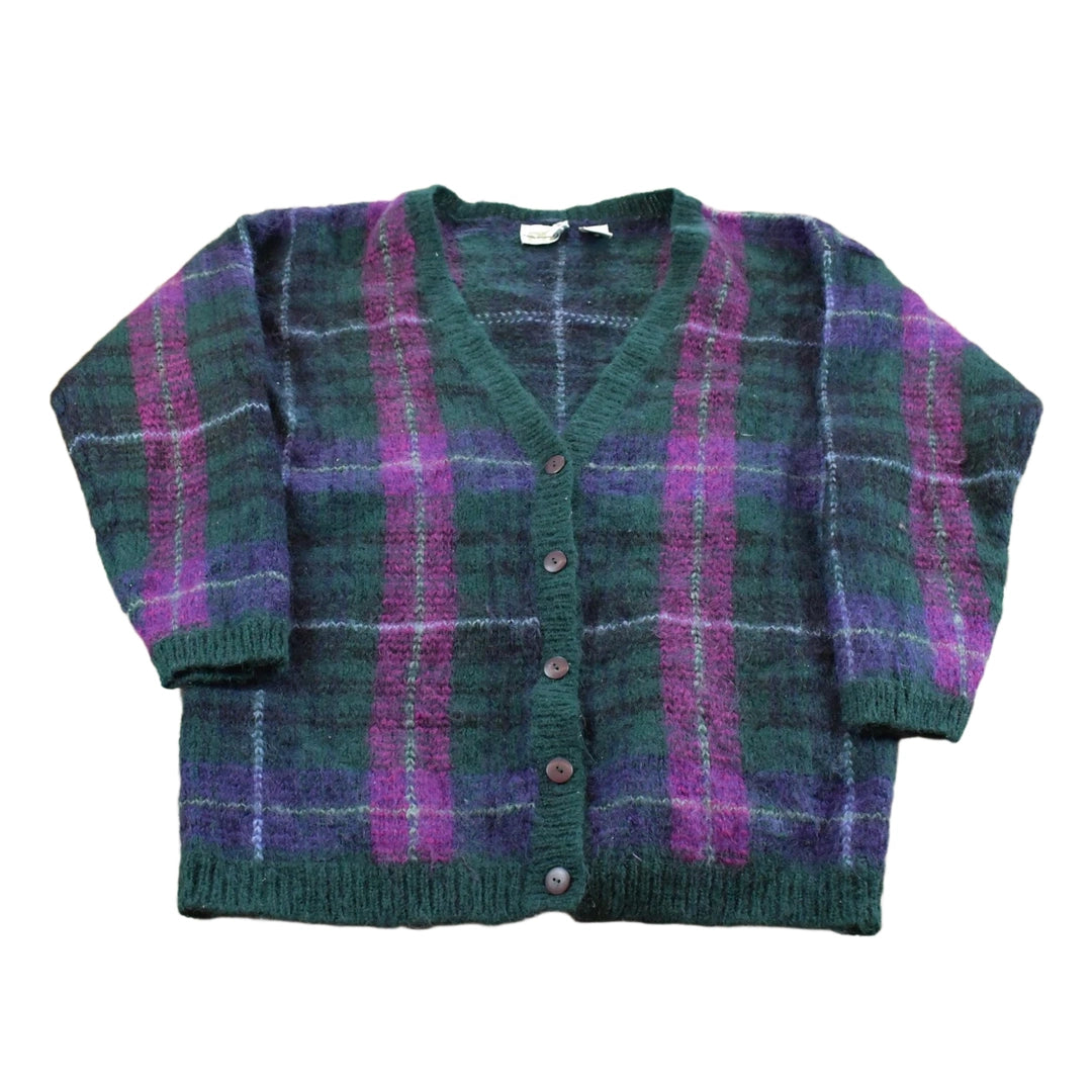 Vintage 1980s Paul Harris Design Knit Mohair Plaid Cardigan Sweater Women's L