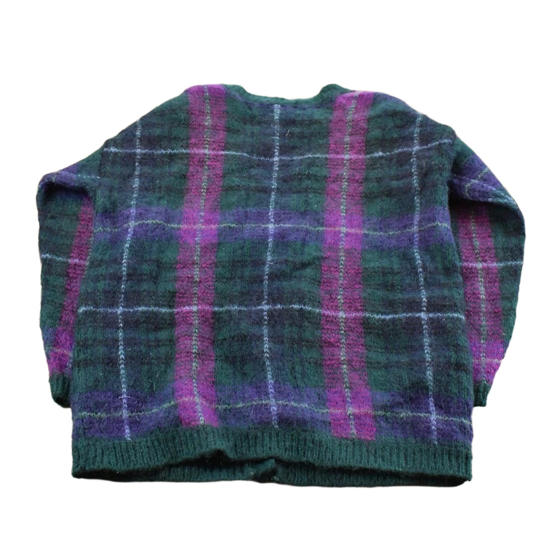 Vintage 1980s Paul Harris Design Knit Mohair Plaid Cardigan Sweater Women's L