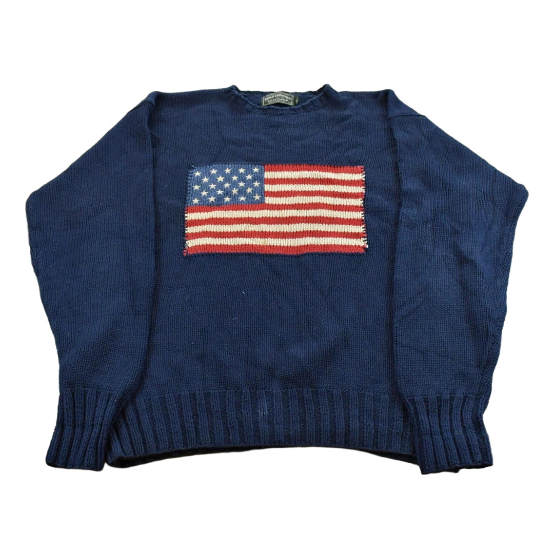 Vintage 1990s Polo Country Ralph Lauren USA Flag Knit Sweater Men's Large