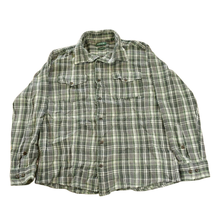 Vintage 1990s Orvis Green Plaid Heavy Flannel Button Up Shirt Men's L
