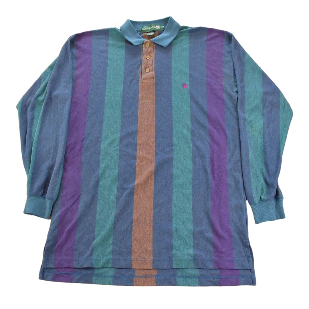 Vintage 1990s Knights Of Round Table Striped Embroidered Long Sleeve Polo Shirt Men's L