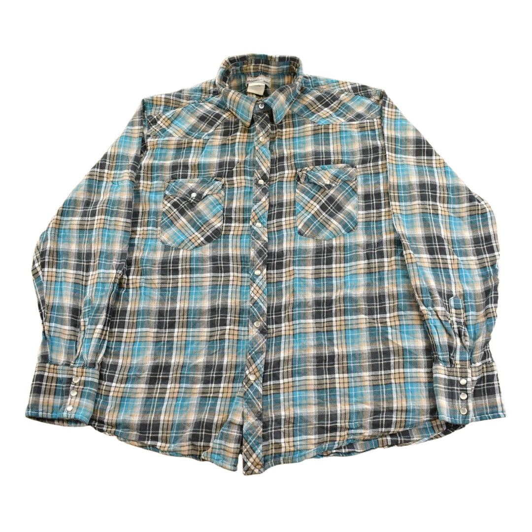 Vintage 1990s Wrangler Wrancher Plaid Flannel Pearl Snap Button Up Shirt Men's XL