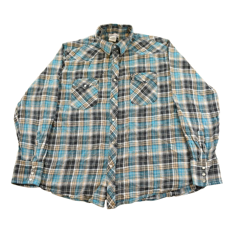 Vintage 1990s Wrangler Wrancher Plaid Flannel Pearl Snap Button Up Shirt Men's XL