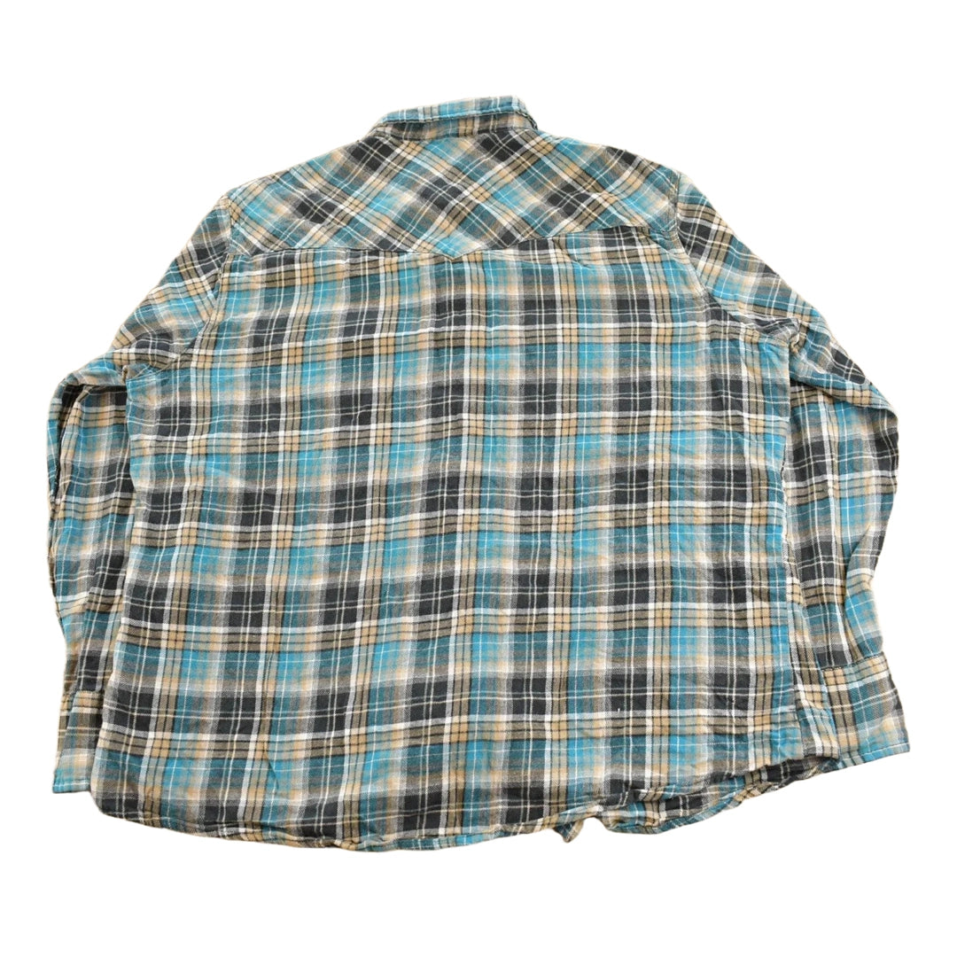 Vintage 1990s Wrangler Wrancher Plaid Flannel Pearl Snap Button Up Shirt Men's XL