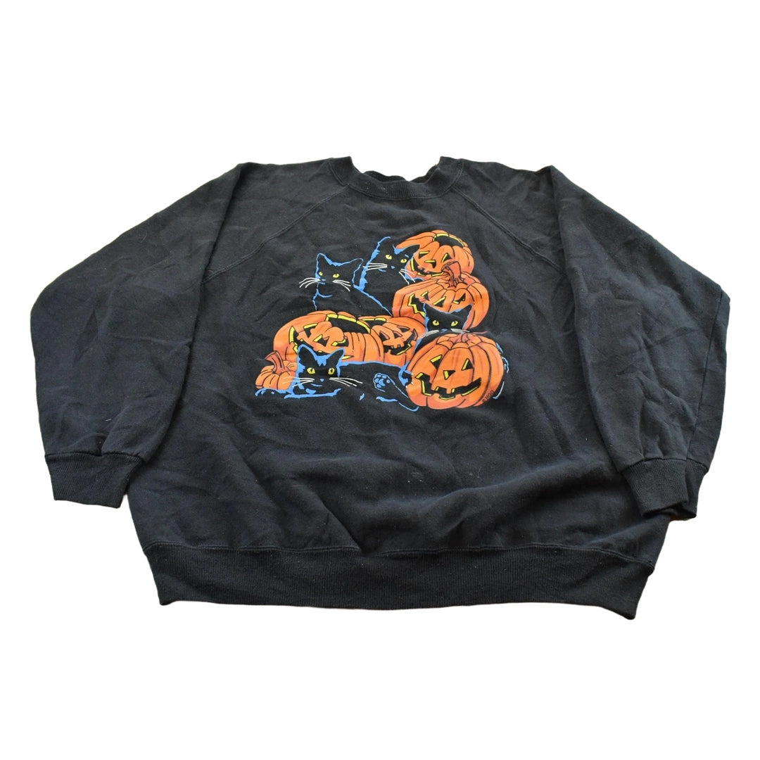 Vintage 1990s Halloween Pumpkin Raglan Crewneck Sweatshirt Men's M-L