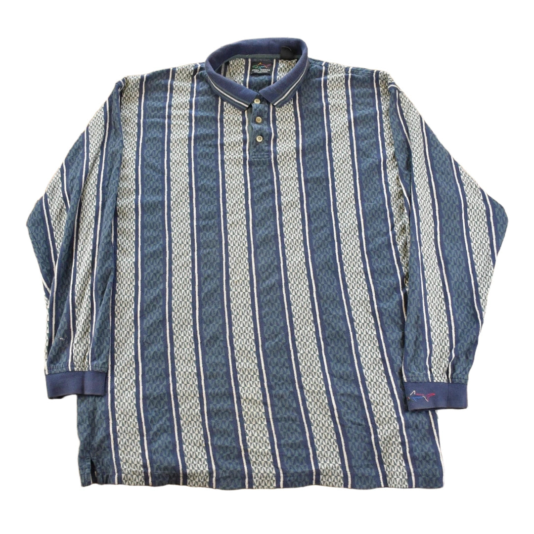 Vintage 1990s Greg Norman Striped Shark Embroidered Striped Long Sleeve Polo Shirt Men's XL