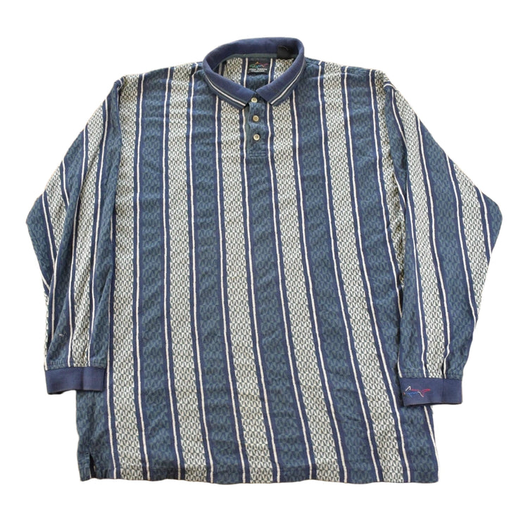 Vintage 1990s Greg Norman Striped Shark Embroidered Striped Long Sleeve Polo Shirt Men's XL