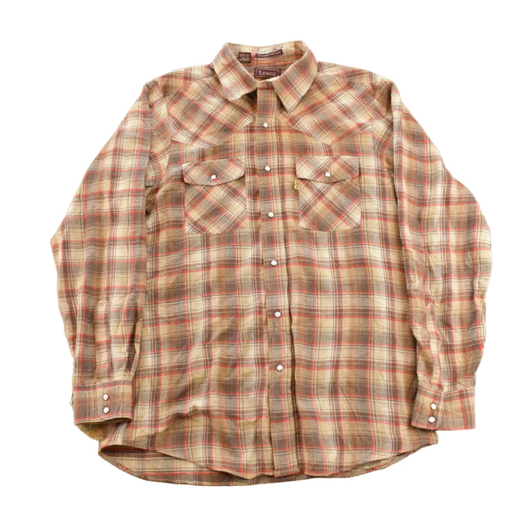 Vintage 1970s Levi's Western Plaid Pearl Snap Flannel Button Up Shirt Men's L