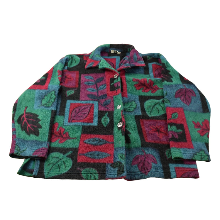 Vintage 1990s Teddi Leaves All Over Print Fleece Button Up Sweater Women's L