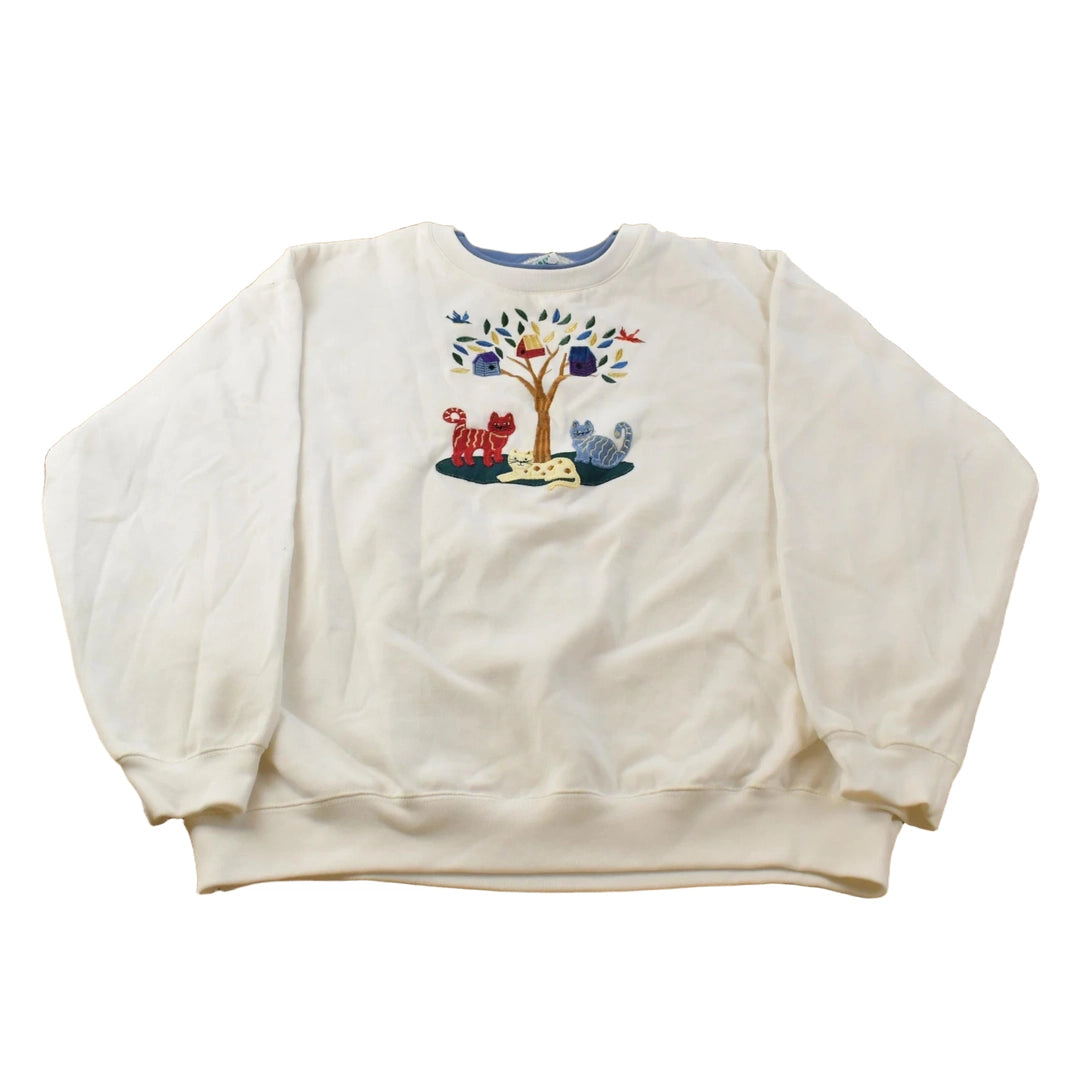Vintage 1990s Cat Embroidered Cute Grandma Style Crewneck Sweatshirt Men's Large