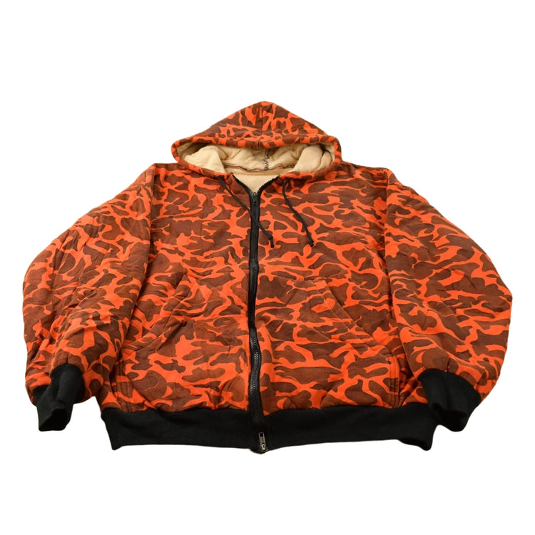 Vintage 1980s Lined Orange Woodland Camo Full Zip Hoodie Men's M