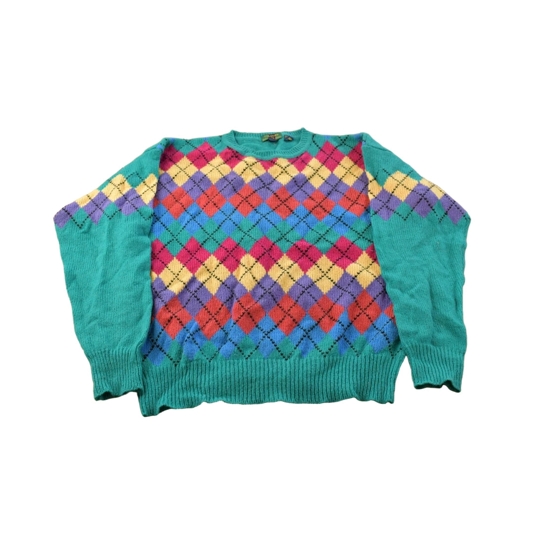 Vintage 1990s Colours Alexander Julian Knit Wool Abstract Argyle Pattern Crewneck Sweater Men's XL