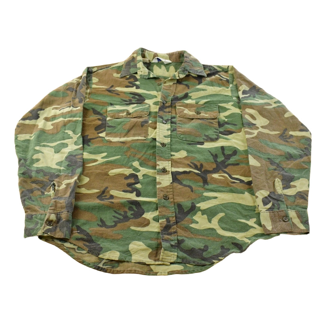 Vintage 1980s Five Brother Woodland Camo Military Button Up Shirt Men's M