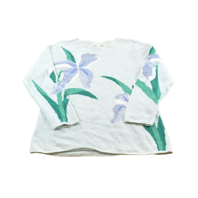 Vintage 1990s Belle Isle Cotton Ramie Knit Flowers Sweater Women's M