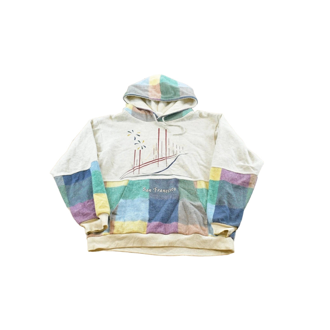 Vintage 1990s San Francisco Fleece Cotton Plaid Two Tone Souvenir Hoodie Sweatshirt Men's M