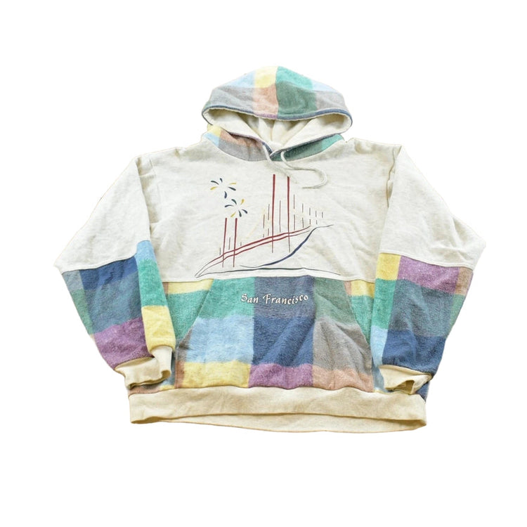 Vintage 1990s San Francisco Fleece Cotton Plaid Two Tone Souvenir Hoodie Sweatshirt Men's M