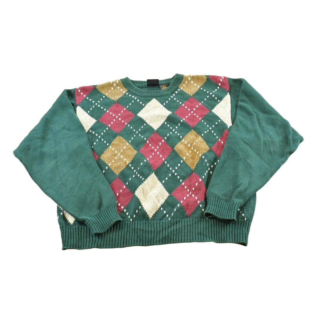 Vintage 1990s Liz Sport Argyle Pattern Cotton Knit Crewneck Sweater Women's M