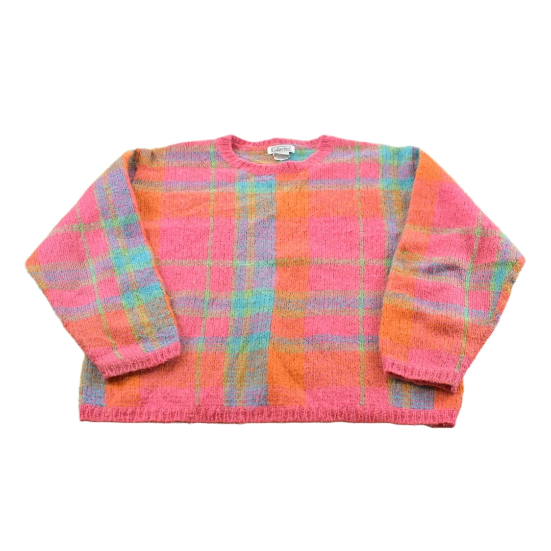 Vintage 1990s Gallagher Plaid Mohair Blend Knit Crewneck Sweater Women's L