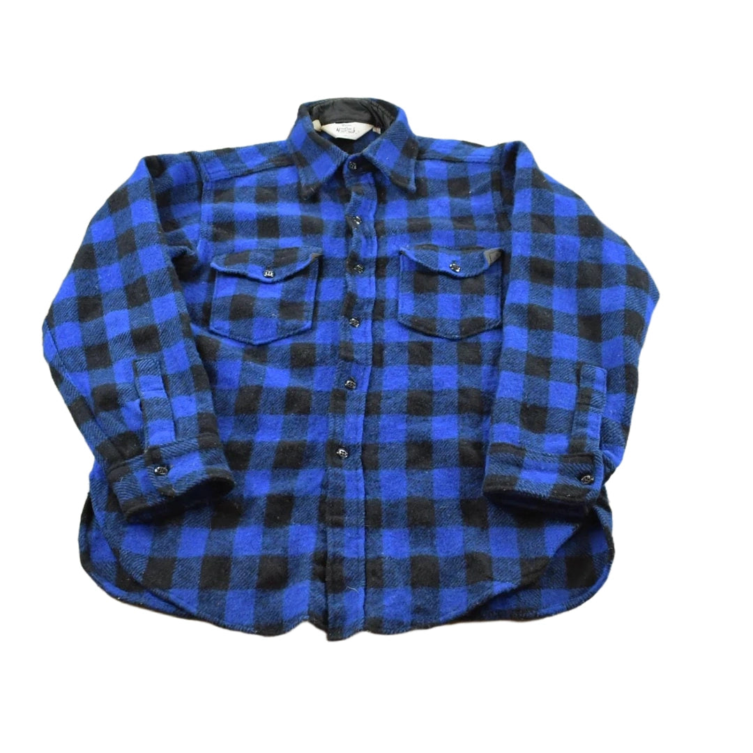 Vintage 1980s Woolrich Blue Buffalo Check Plaid Wool Shirt Men's M