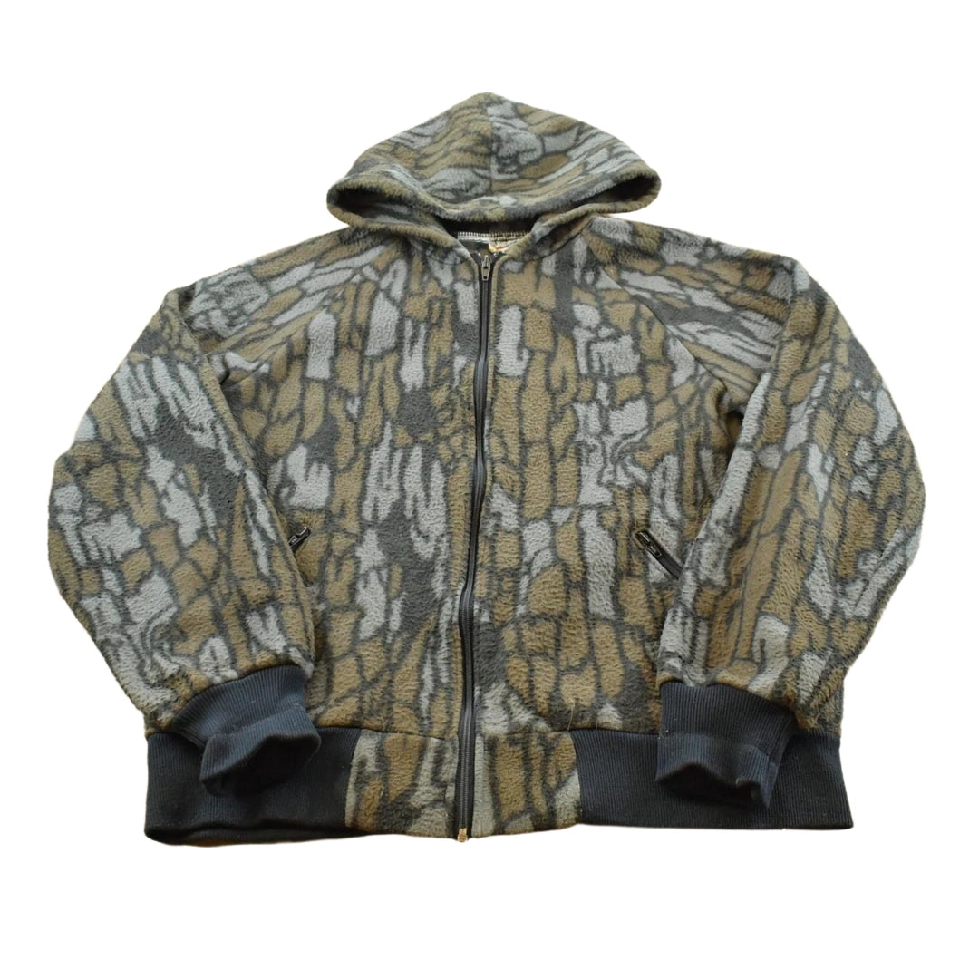 Vintage 1990s Cabela's Tree Bark Camo Fleece Full Zip Up Hoodie Sweatshirt Men's L