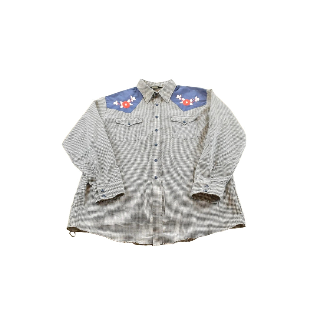 Vintage 1980s JC Penney Western Gingham Flower Embroidered Button Up Shirt Men's XL