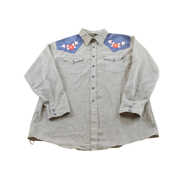 Vintage 1980s JC Penney Western Gingham Flower Embroidered Button Up Shirt Men's XL
