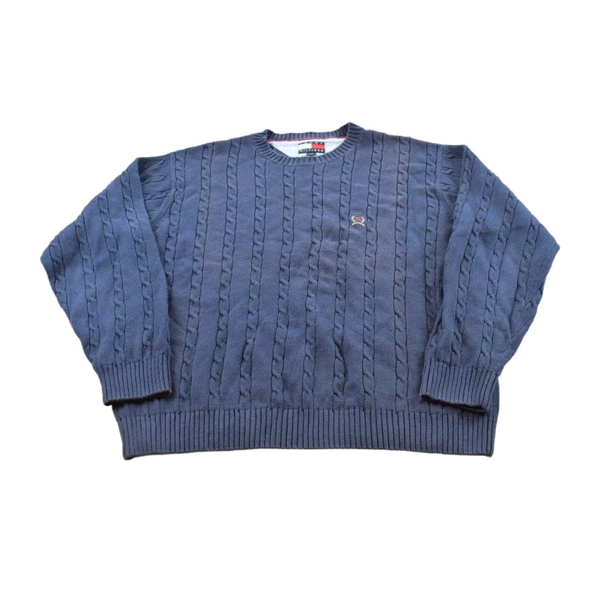 Vintage 1990s Tommy Hilfiger 3D Cotton Cable Knit Crest Logo Crewneck Sweater Men's L