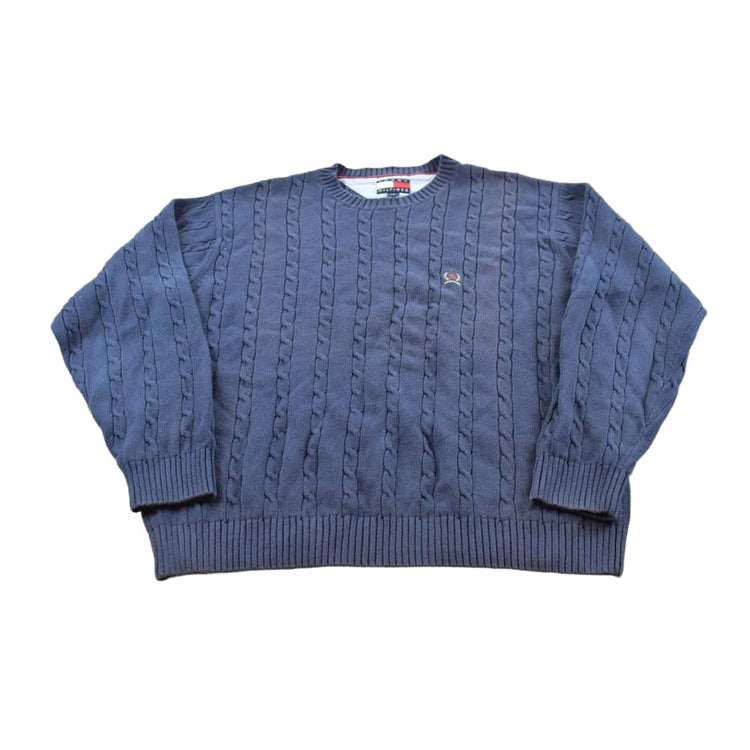 Vintage 1990s Tommy Hilfiger 3D Cotton Cable Knit Crest Logo Crewneck Sweater Men's L