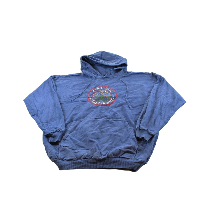 Vintage 1980s Crazy Shirts Aspen Colorado Mountain Embroidered Souvenir Hoodie Sweatshirt Men's XL