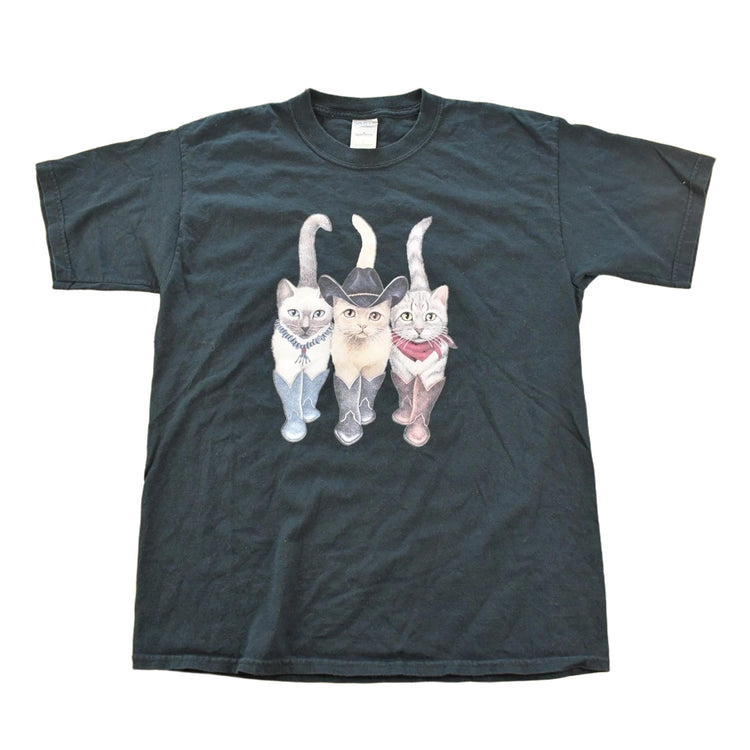 Vintage 2000s Cute Cowboy Cats Double Sided Graphic T-Shirt Men's L