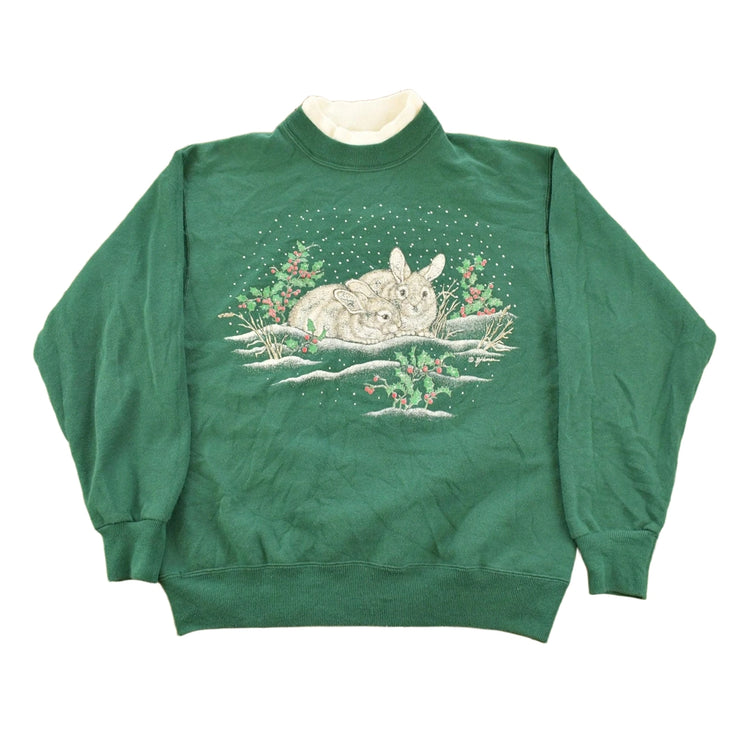 Vintage 1990s Morning Sun Cute Snowy Rabbits Graphic Crewneck Sweatshirt Women's S
