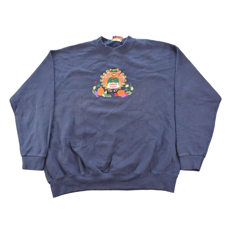 Vintage 1990s Order Pizza Turkey Embroidered Graphic Crewneck Sweatshirt Men's XL