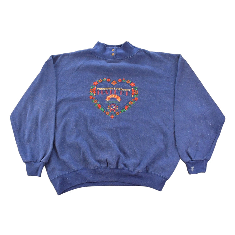 Vintage 1990s Preserve & Protect Nature Embroidered Mock Neck Sweatshirt Women's L