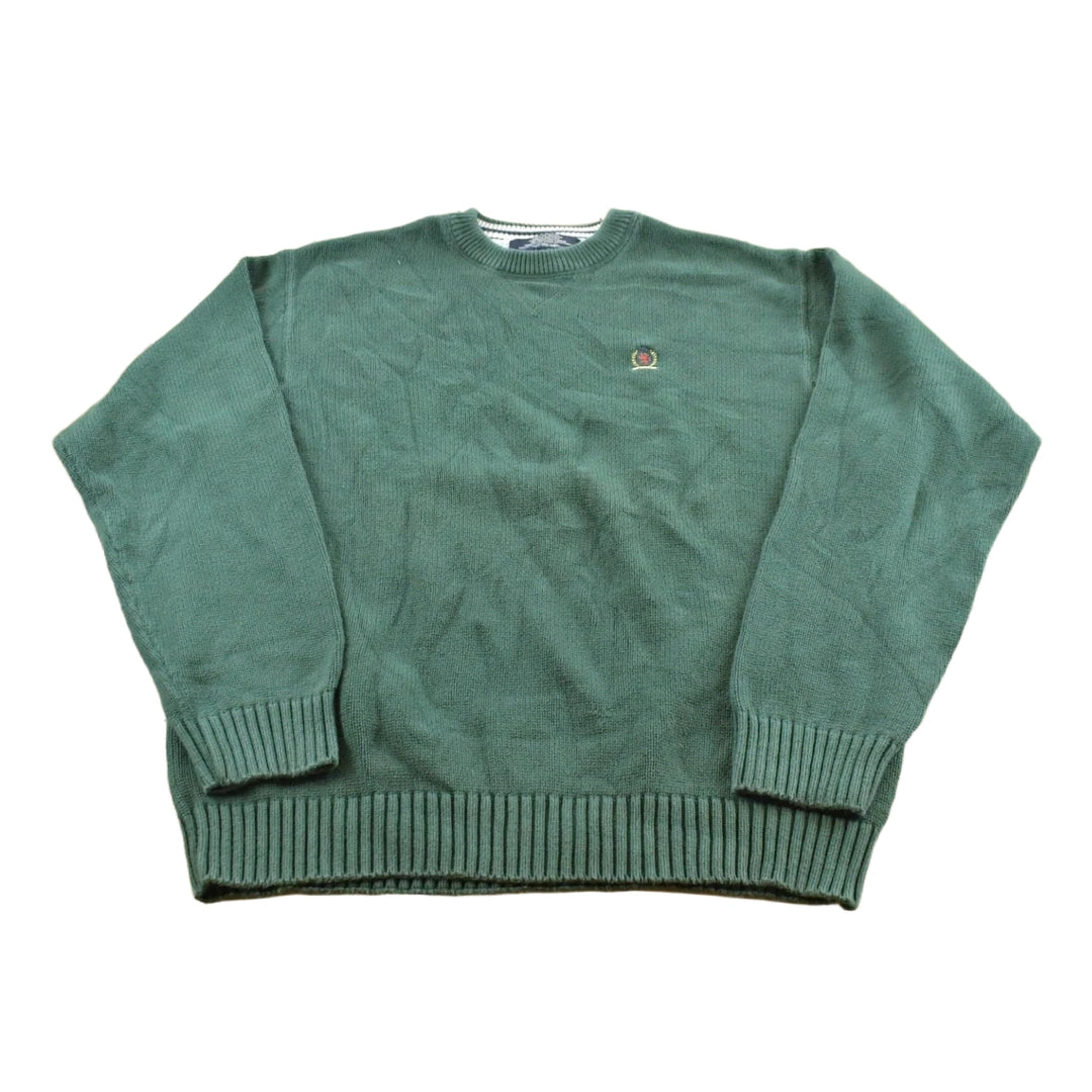 Vintage 1990s Tommy Hilfiger Green Cotton Knit Crest Logo Crewneck Sweater Men's L