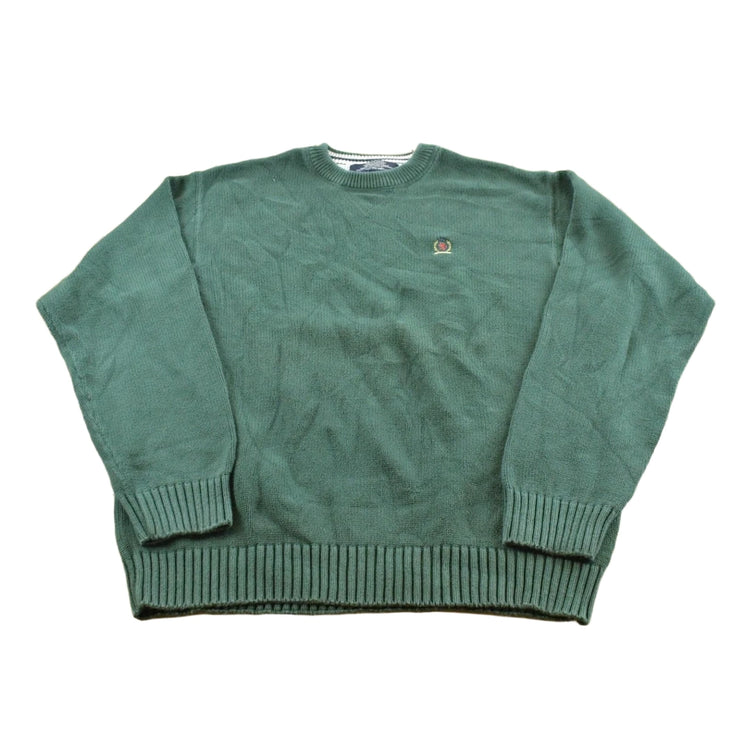 Vintage 1990s Tommy Hilfiger Green Cotton Knit Crest Logo Crewneck Sweater Men's L
