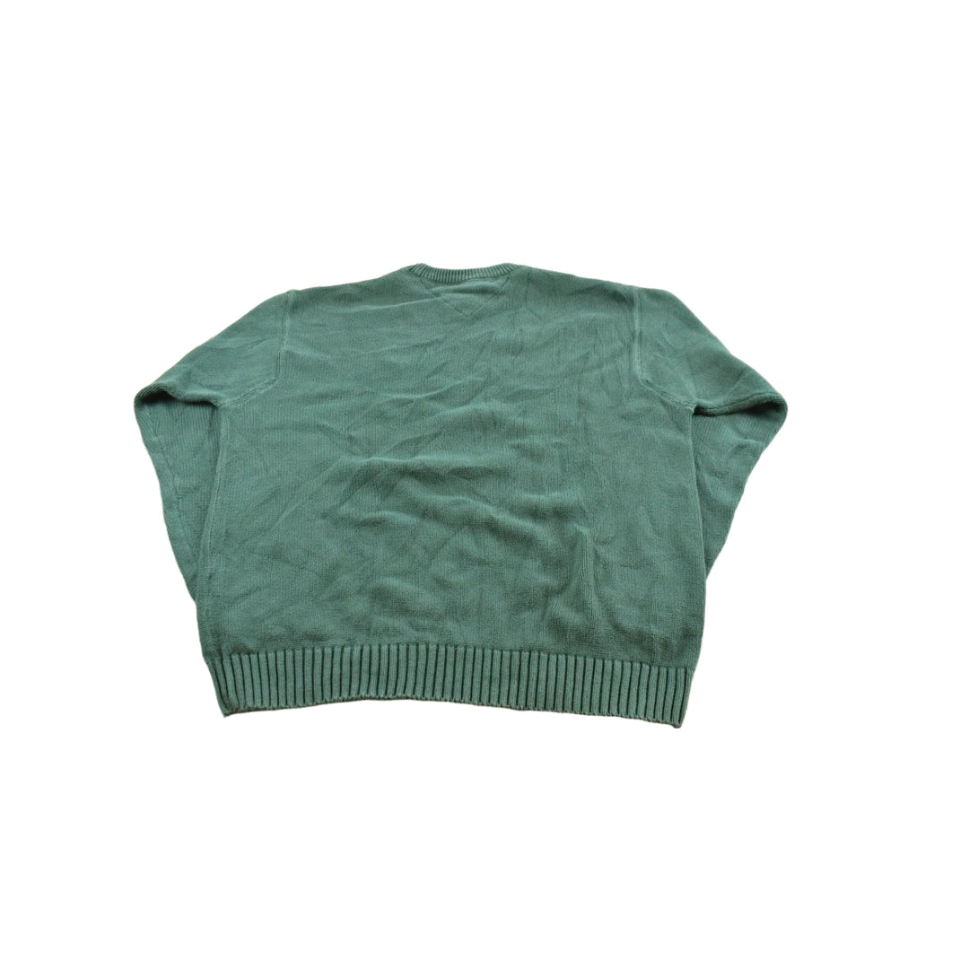 Vintage 1990s Tommy Hilfiger Green Cotton Knit Crest Logo Crewneck Sweater Men's L