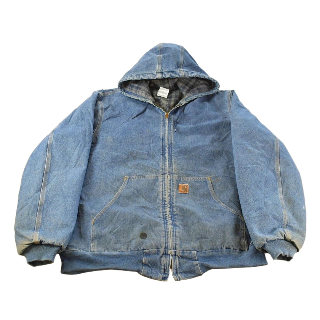 Vintage 1990s Carhartt Denim Flannel Lined Hooded Jacket Men's XL Tall