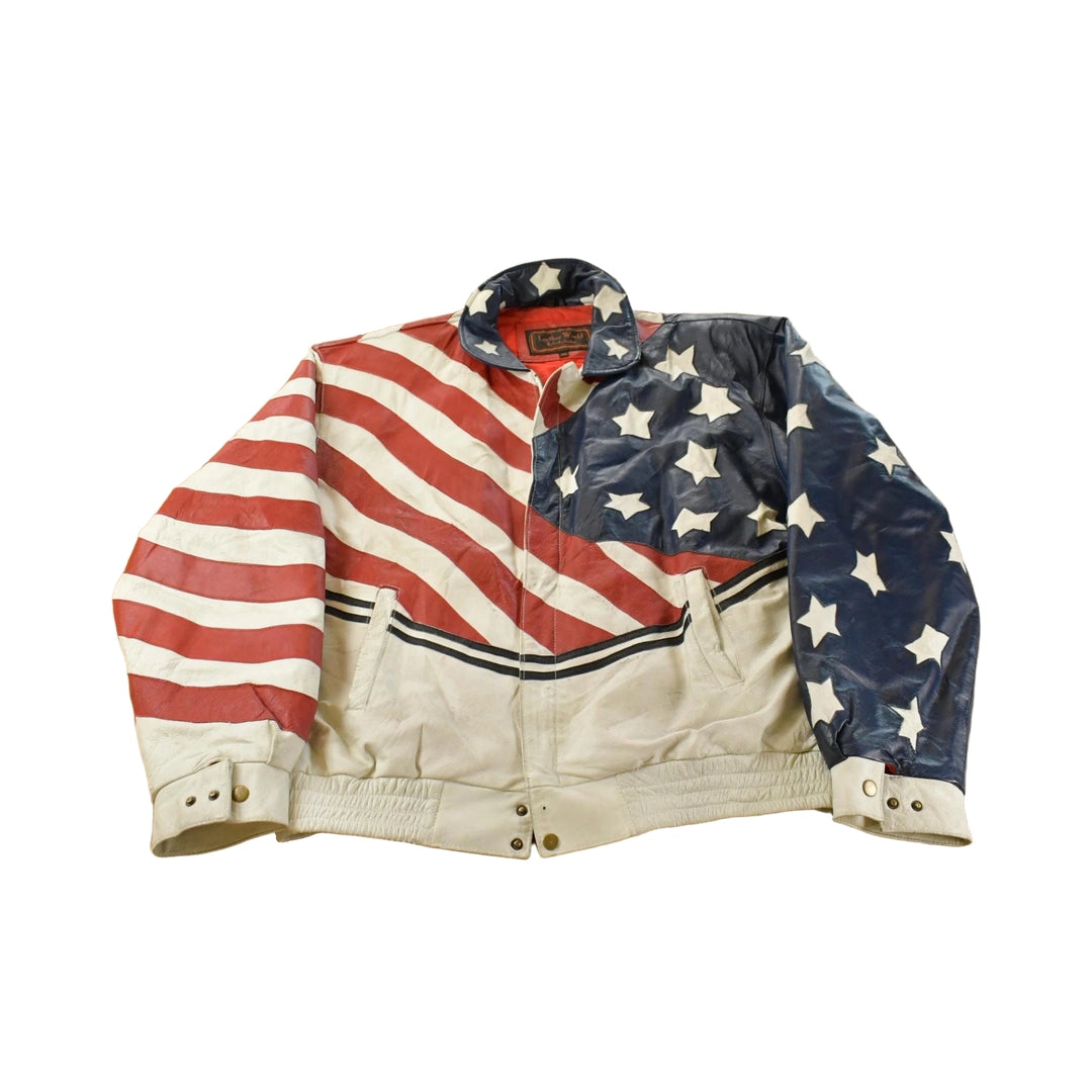 Vintage 1990s Leather World By Lucky Leather American Flag USA Leather Jacket Men's 2XL