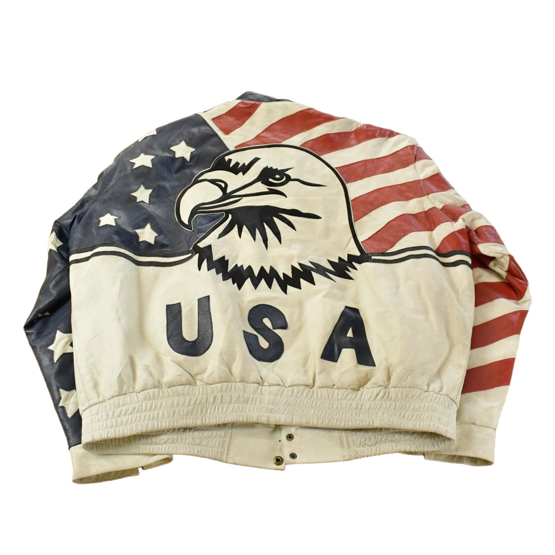 Vintage 1990s Leather World By Lucky Leather American Flag USA Leather Jacket Men's 2XL