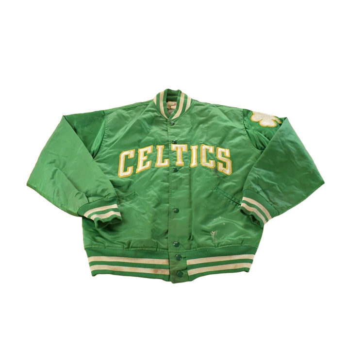 Vintage 1980s Boston Celtics NBA Embroidered Snap Button Satin Bomber Jacket Men's Large