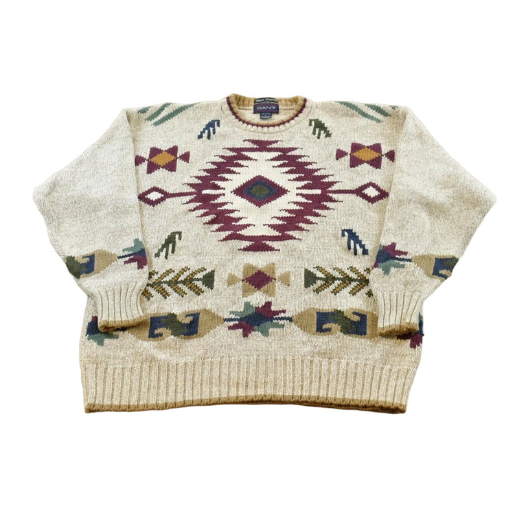 Vintage 1990s Gant Aztec Southwest Cotton Knit Crewneck Pullover Sweater Men's L