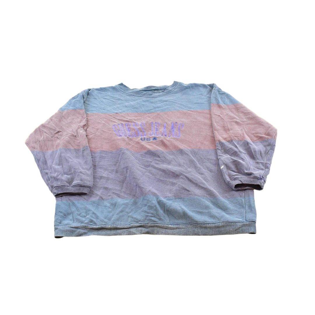 Vintage 1990s Guess Jeans Striped Embroidered Spellout Crewneck Sweatshirt Men's M