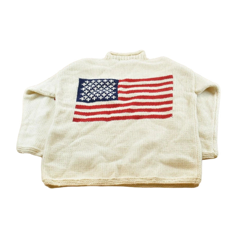 Vintage 1980s Hand Knit USA American Flag Wool Knit Sweater Men's L