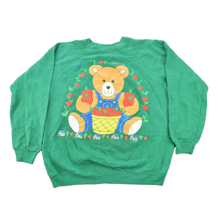 Vintage 1990s Cute Teddy Bear With Apples Graphic Raglan Crewneck Sweatshirt Men's L