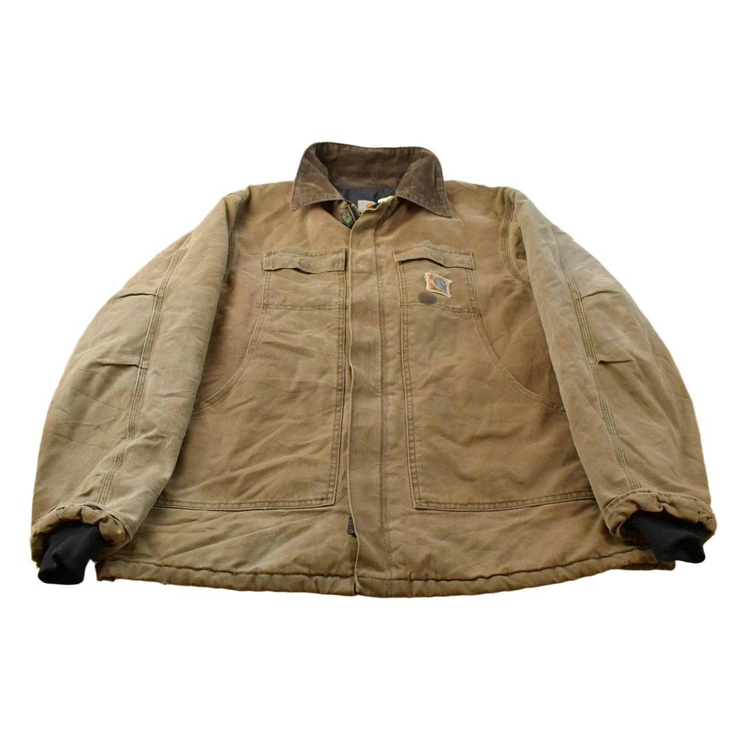 Vintage 1990s Sun Faded Distressed Carhartt Arctic Quilt Traditional Work Jacket Men's XL