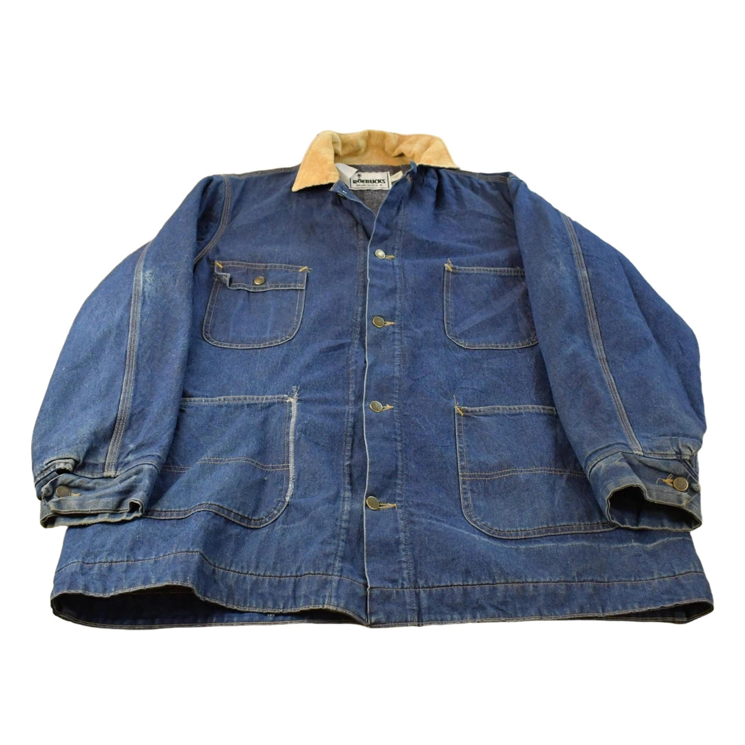 Vintage 1980s Roebucks Blanket Lined Denim Chore Jacket Men's 2XL