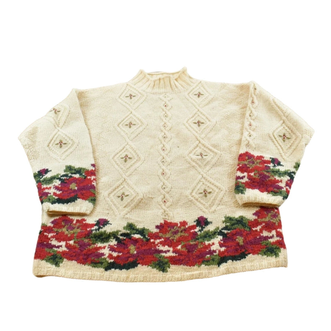 Vintage 1990s LL Bean Floral Pattern Embroidered Cable Knit Wool Sweater Men's XL