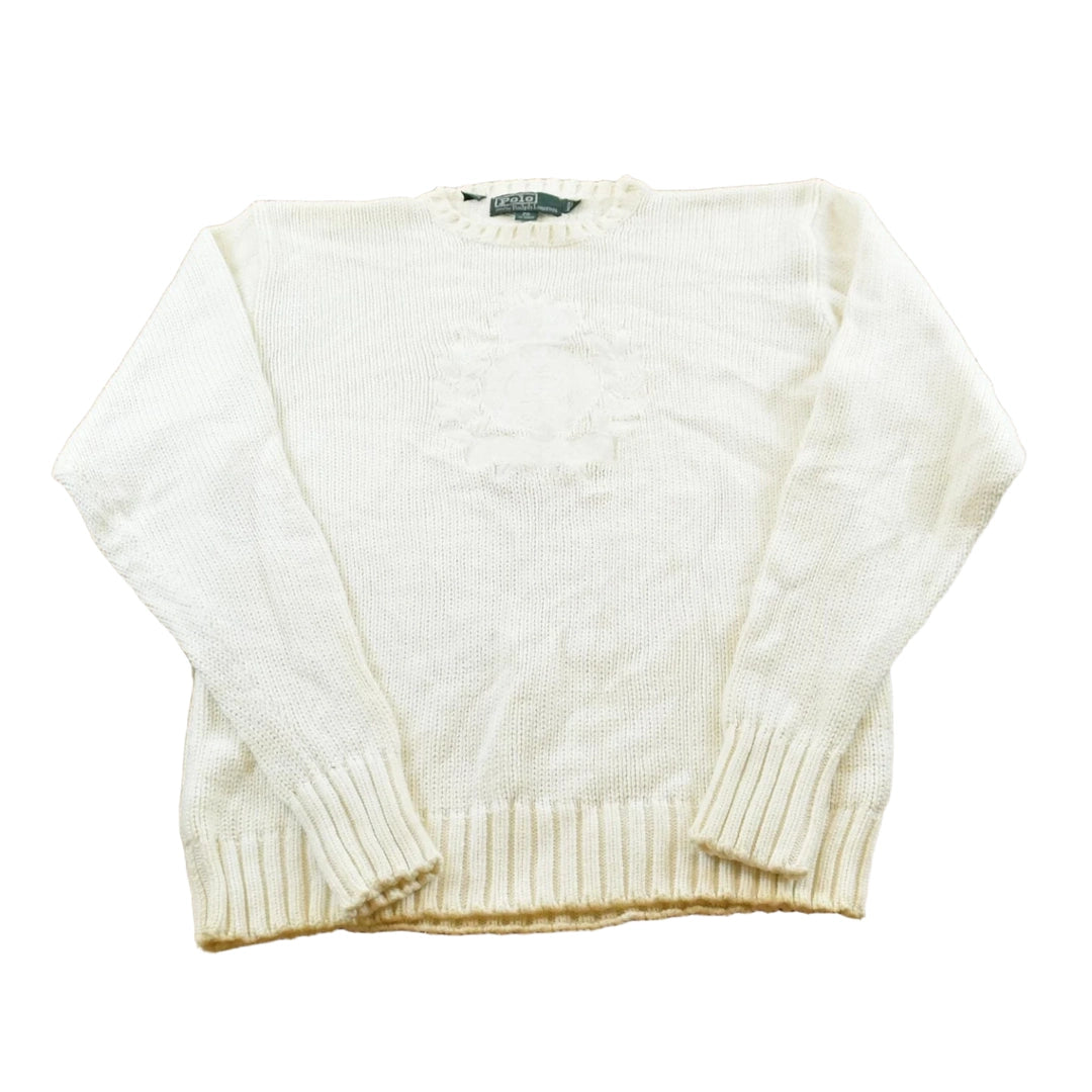 Vintage 1990s Polo Ralph Lauren Embroidered Crest Logo Cotton Knit Crewneck Sweater Women's M