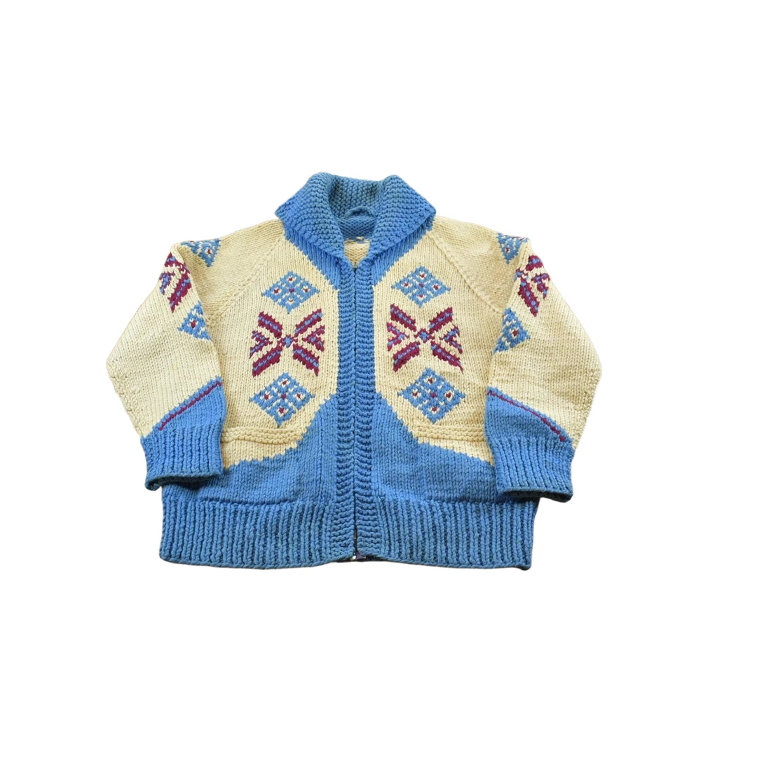 True Vintage 1960s Cowichan Pueblo Hand Knit Wool Shawl Collar Full Zip Sweater Men's S