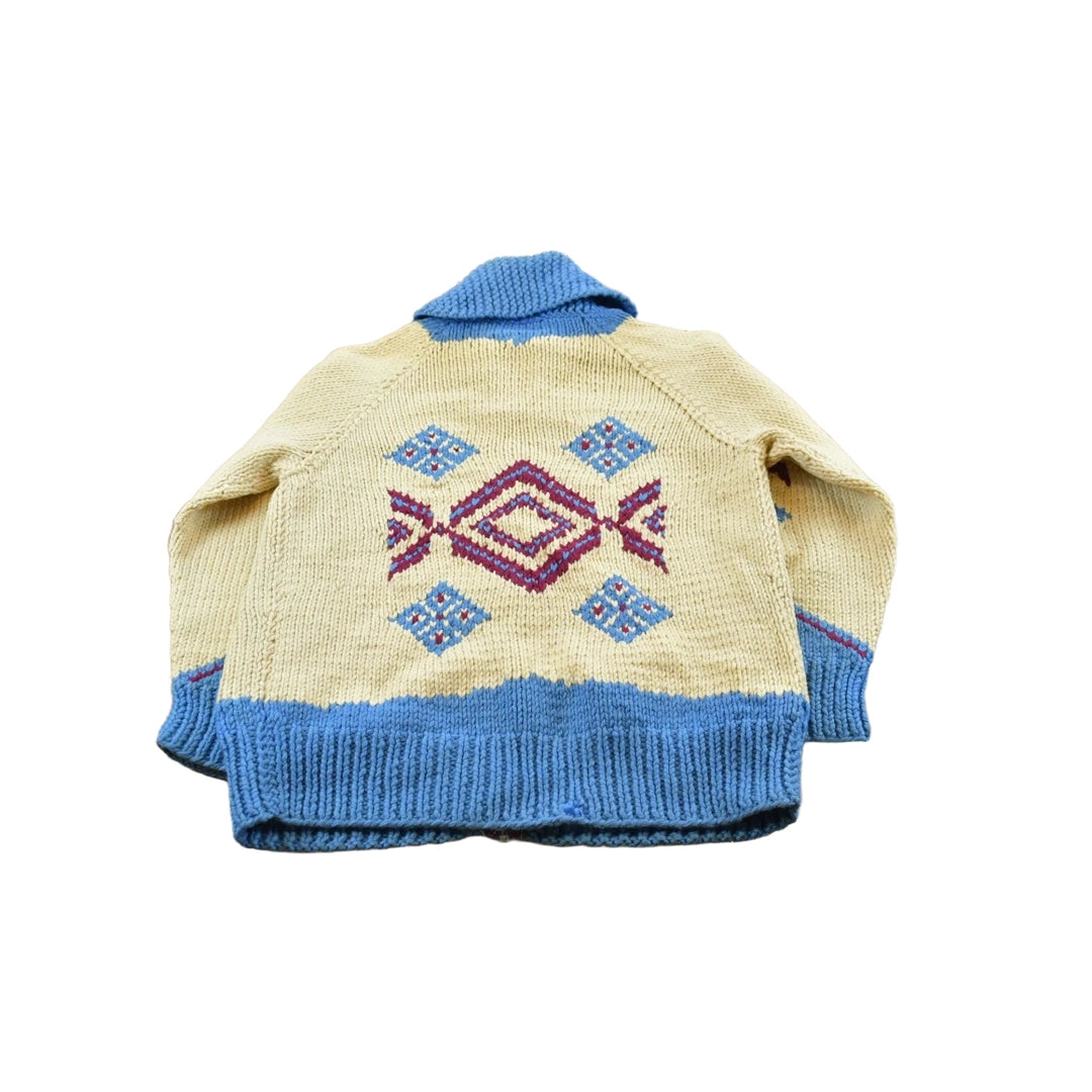 True Vintage 1960s Cowichan Pueblo Hand Knit Wool Shawl Collar Full Zip Sweater Men's S